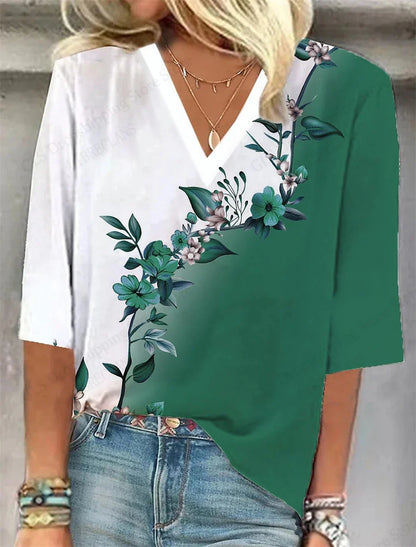Relaxed Fit Floral V-Neck T-Shirt – Casual Summer Top