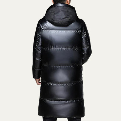 Men’s Long Glossy Puffer Coat with Integrated Hood