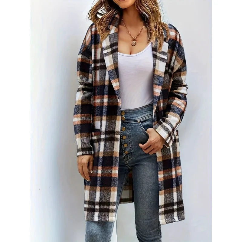 Classic Checked Wool Pea Coat for Ladies