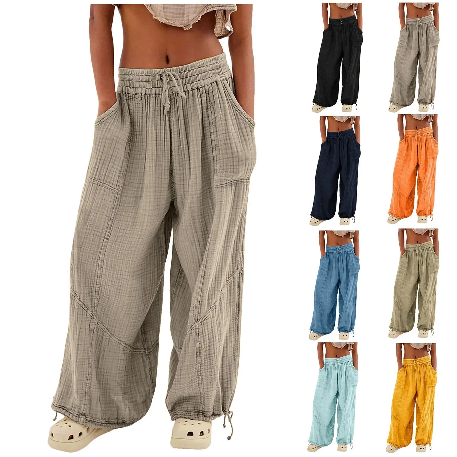 Relaxed Fit Wide Leg Beach Pants with Pockets - BritishElegance