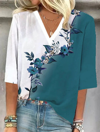 Relaxed Fit Floral V-Neck T-Shirt – Casual Summer Top