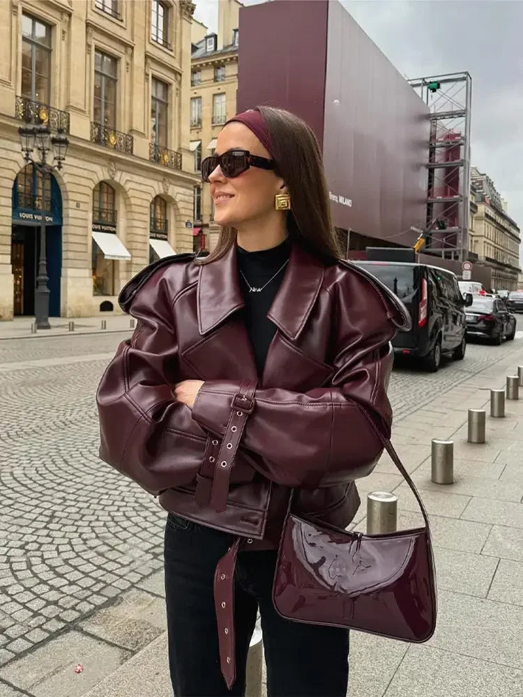 Comfortable Women's Red Faux Leather Jacket with Belt - BritishElegance