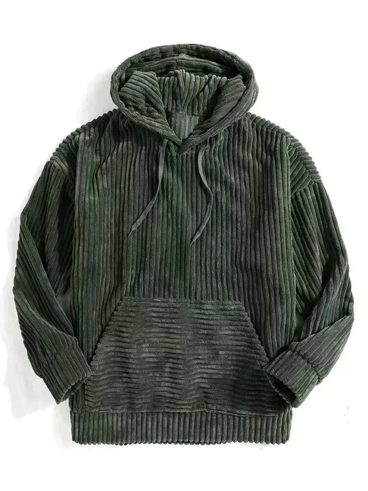 Warm Mens Corduroy Hoodie - Pouch Pocket, Casual Streetwear
