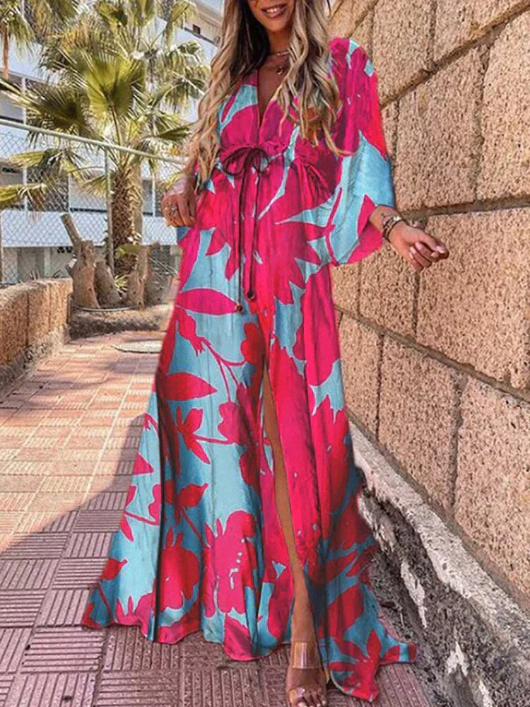 Vibrant Long Sleeve Graphic Maxi Dress