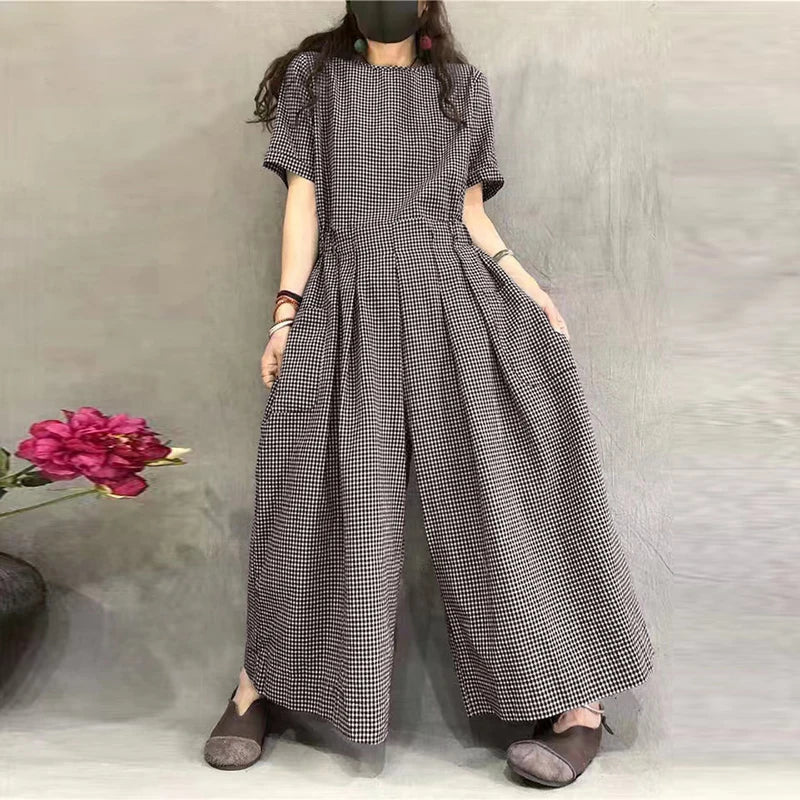Classic Plaid Loose-Fit Jumpsuit - Relaxed Fit Romper