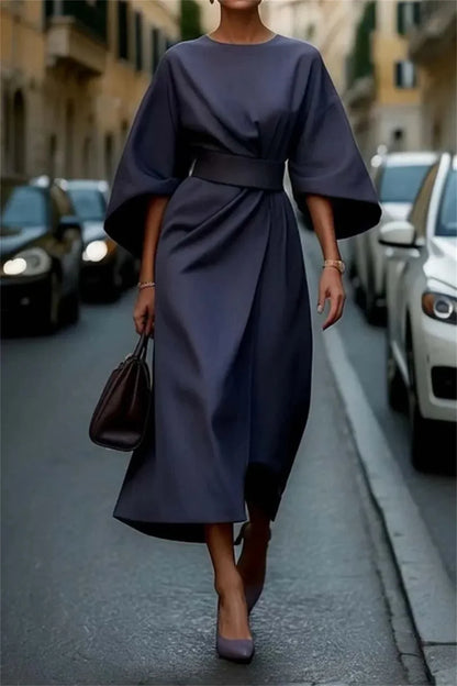 Valencia – Structured A-Line Midi Dress with Belted Waist