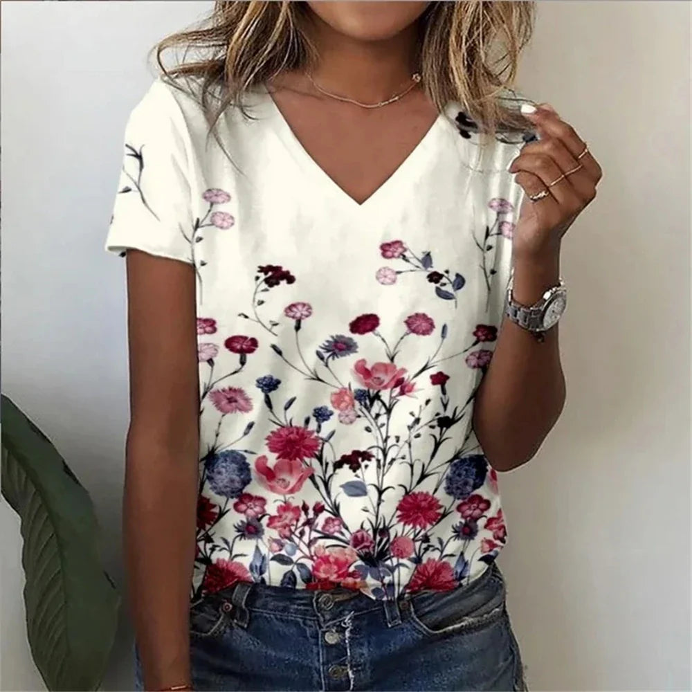 Casual Floral Graphic V-Neck T-Shirt – Loose Fit Women's Top