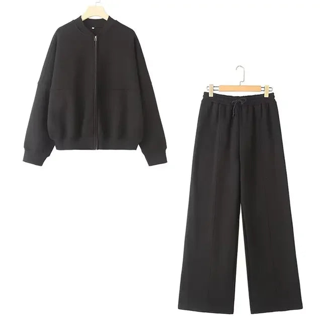 Women's Casual Zip Sweater and Trousers Outfit Set