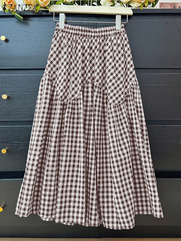 Checked Flared Long Plaid Skirt