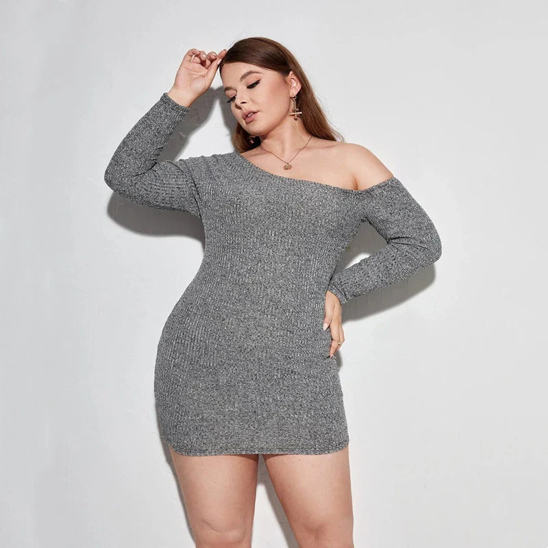 Curvy Asymmetrical Neck Long Sleeve Tight Fit Dress - BritishElegance