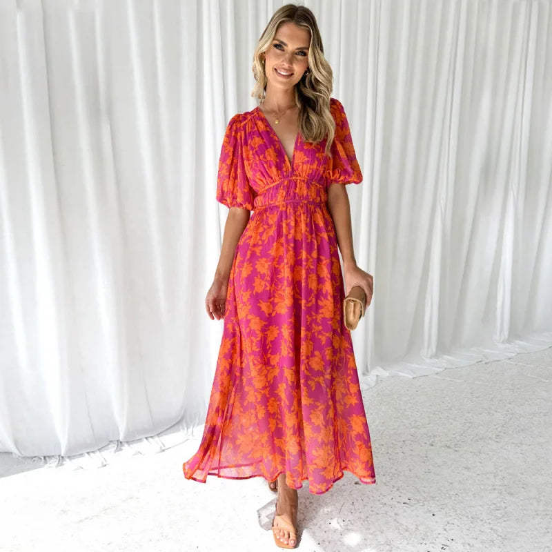 Chic Floral Maxi Dress - Comfortable Summer Vacation Wear - BritishElegance