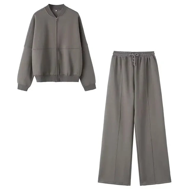 Women's Casual Zip Sweater and Trousers Outfit Set