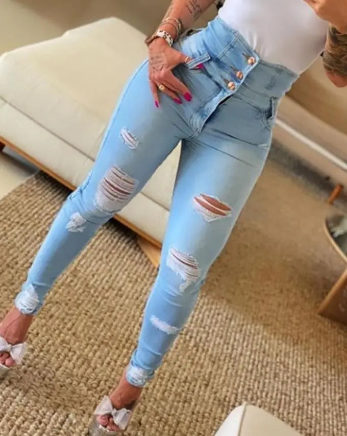 Trendy High Waist Distressed Womens Jeans with Buttons