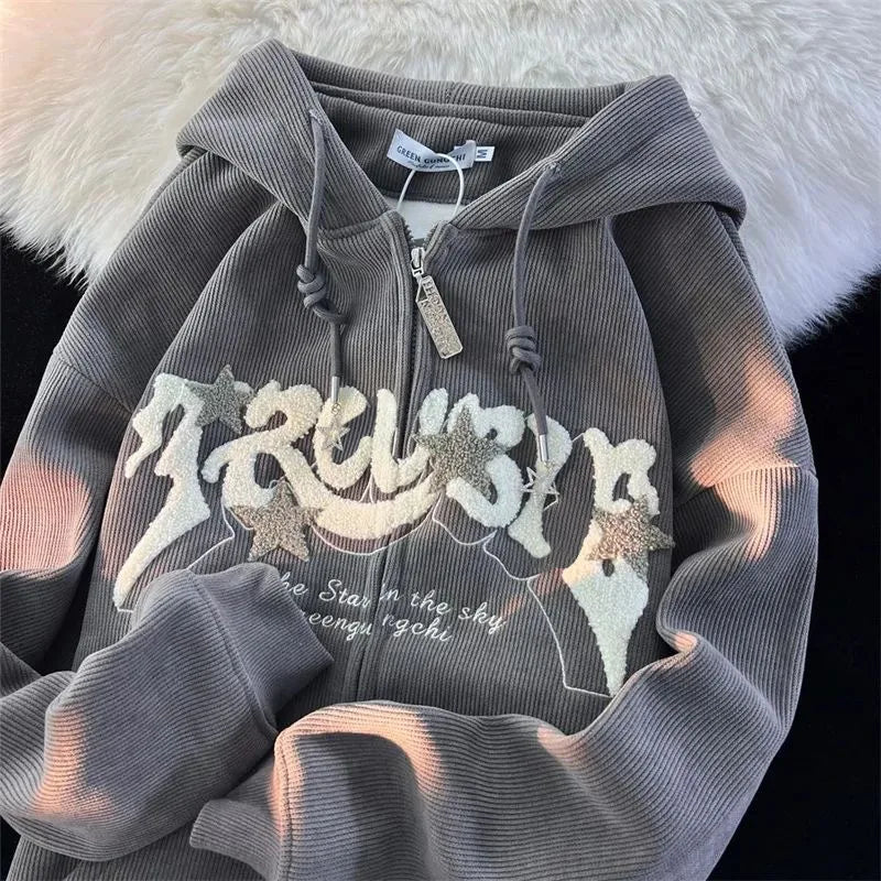 Casual Women's Oversized Embroidered Zip Hoodie - BritishElegance
