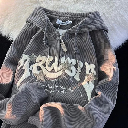 Casual Women's Oversized Embroidered Zip Hoodie - BritishElegance