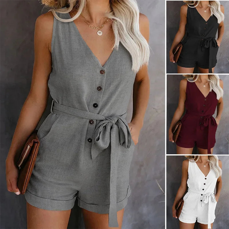 Black V-Neck Romper with Fitted Shorts - BritishElegance