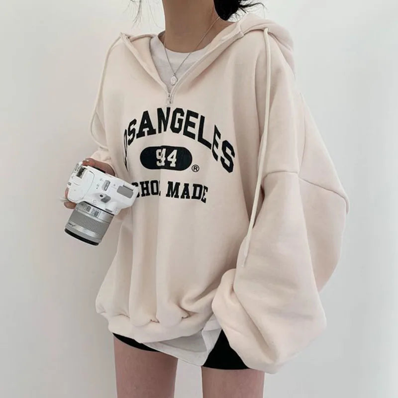 Relaxed Fit Women's Beige LA Graphic Hoodie - BritishElegance