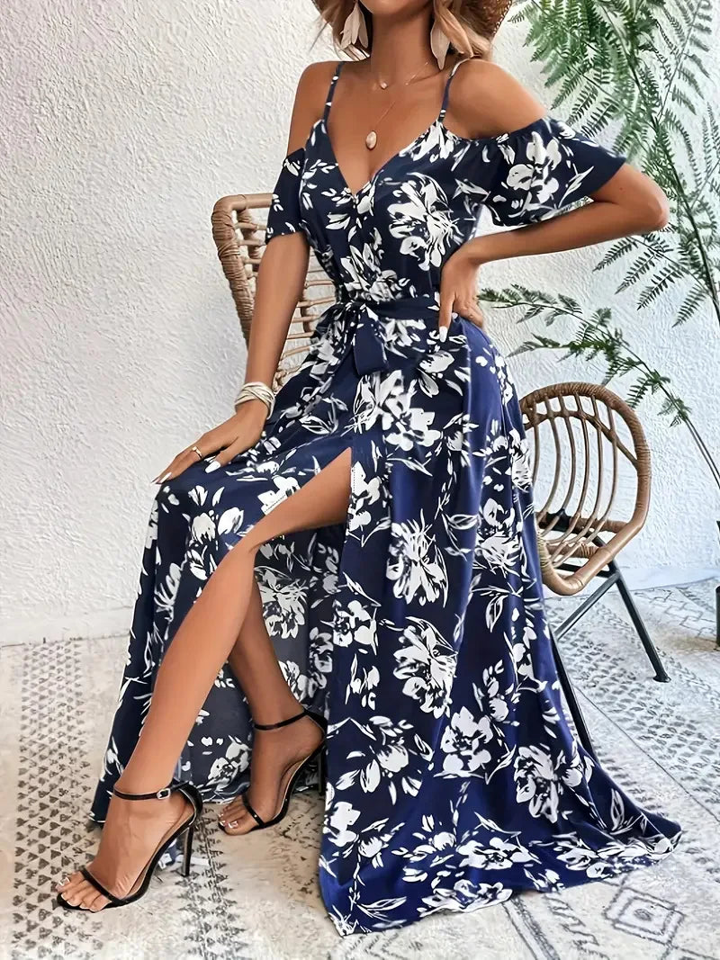 Flowy Floral Off Shoulder Long Maxi Dress for Women