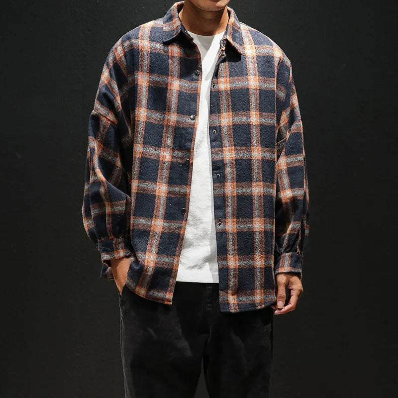 Large Plaid Flannel Shirt Men - Warm Long Sleeve Casual Shirt