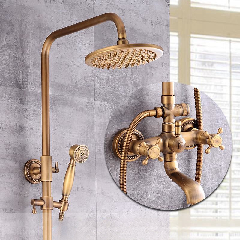 Classic Bronze Shower Set with Gold Tap and Dual Showerheads - BritishElegance