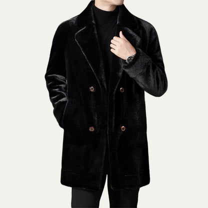 Men’s Double Breasted Faux Fur Mid Length Coat