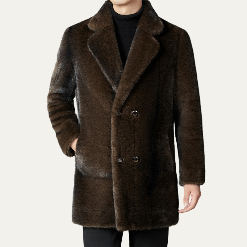 Men’s Double Breasted Faux Fur Mid Length Coat
