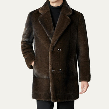 Men’s Double Breasted Faux Fur Mid Length Coat
