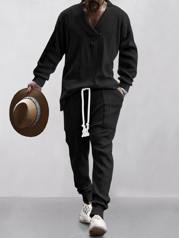 Men’s Cable Knit Lounge Set | Cozy Streetwear V-Neck Sweater & Joggers