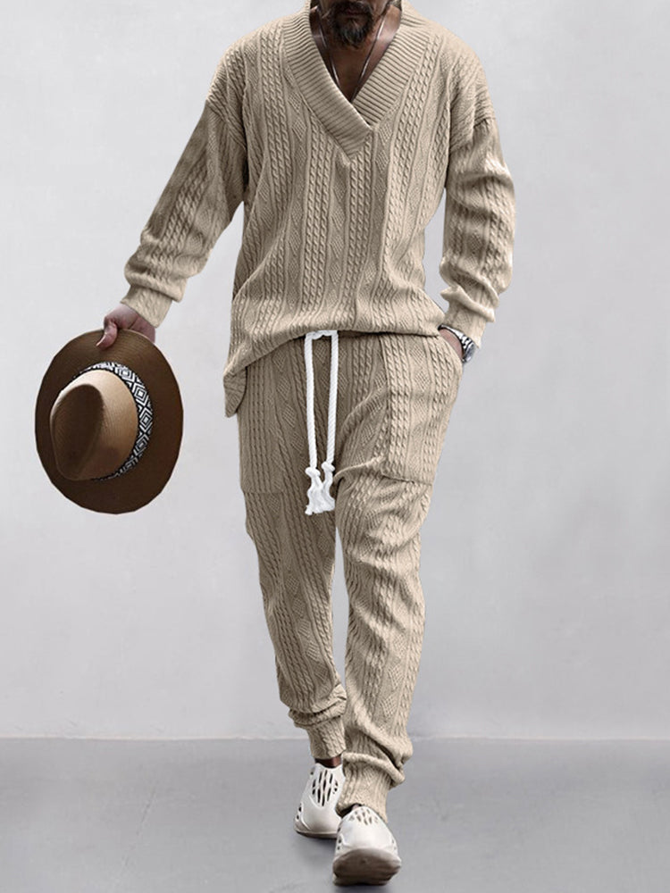Men’s Cable Knit Lounge Set | Cozy Streetwear V-Neck Sweater & Joggers