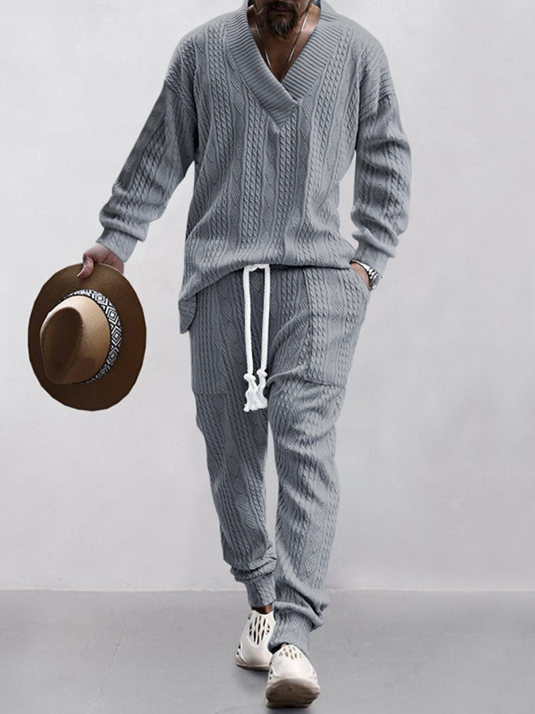 Men’s Cable Knit Lounge Set | Cozy Streetwear V-Neck Sweater & Joggers