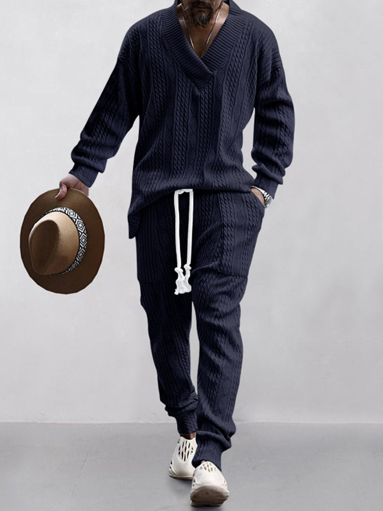 Men’s Cable Knit Lounge Set | Cozy Streetwear V-Neck Sweater & Joggers