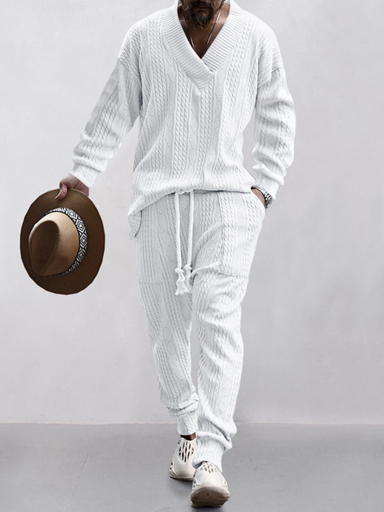 Men’s Cable Knit Lounge Set | Cozy Streetwear V-Neck Sweater & Joggers
