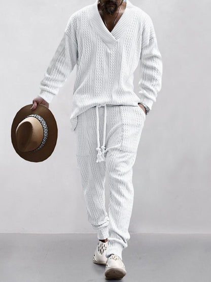 Men’s Cable Knit Lounge Set | Cozy Streetwear V-Neck Sweater & Joggers