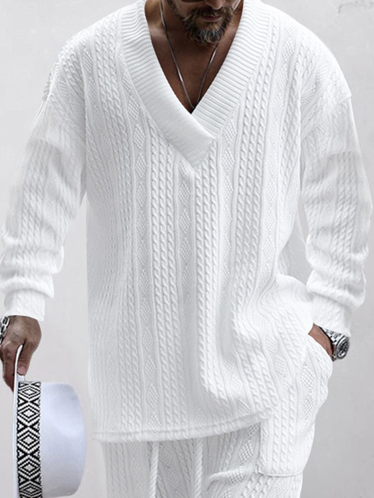 Men’s Cable Knit Lounge Set | Cozy Streetwear V-Neck Sweater & Joggers