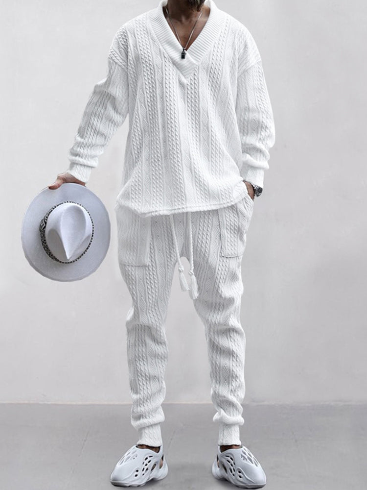 Men’s Cable Knit Lounge Set | Cozy Streetwear V-Neck Sweater & Joggers