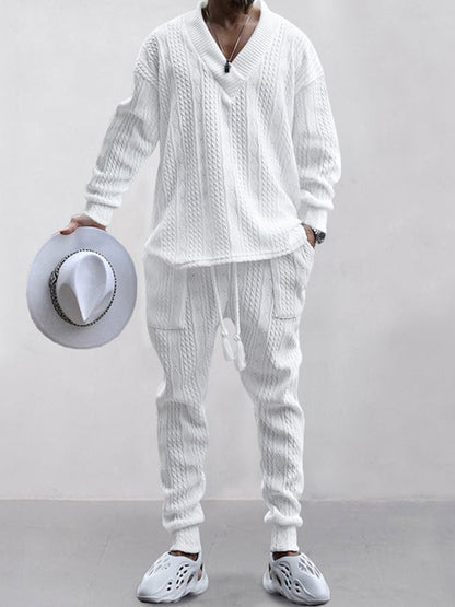 Men’s Cable Knit Lounge Set | Cozy Streetwear V-Neck Sweater & Joggers