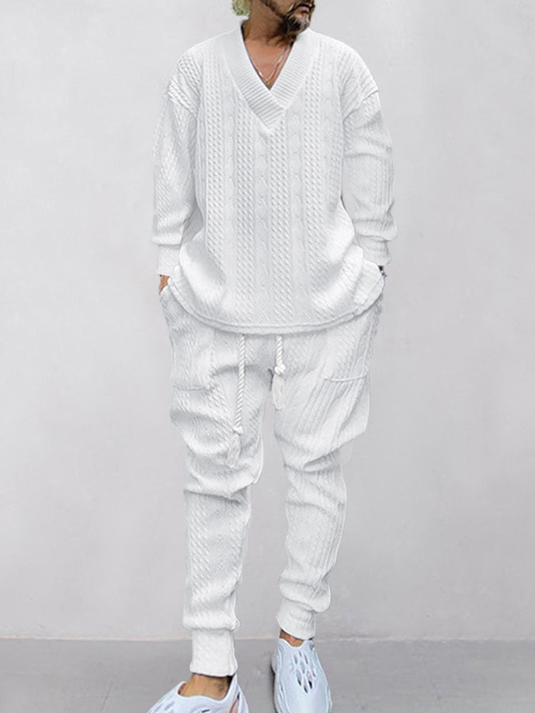 Men’s Cable Knit Lounge Set | Cozy Streetwear V-Neck Sweater & Joggers