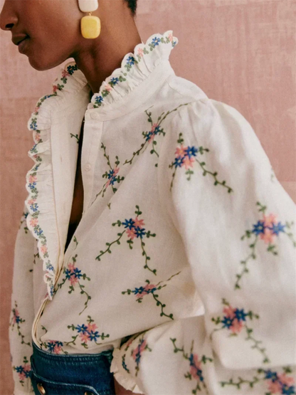 Ladies Pretty Embroidered Bell Sleeve Blouse - BritishElegance