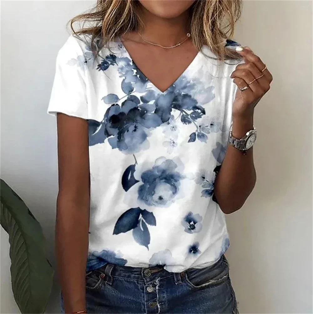 Casual Floral Graphic V-Neck T-Shirt – Loose Fit Women's Top