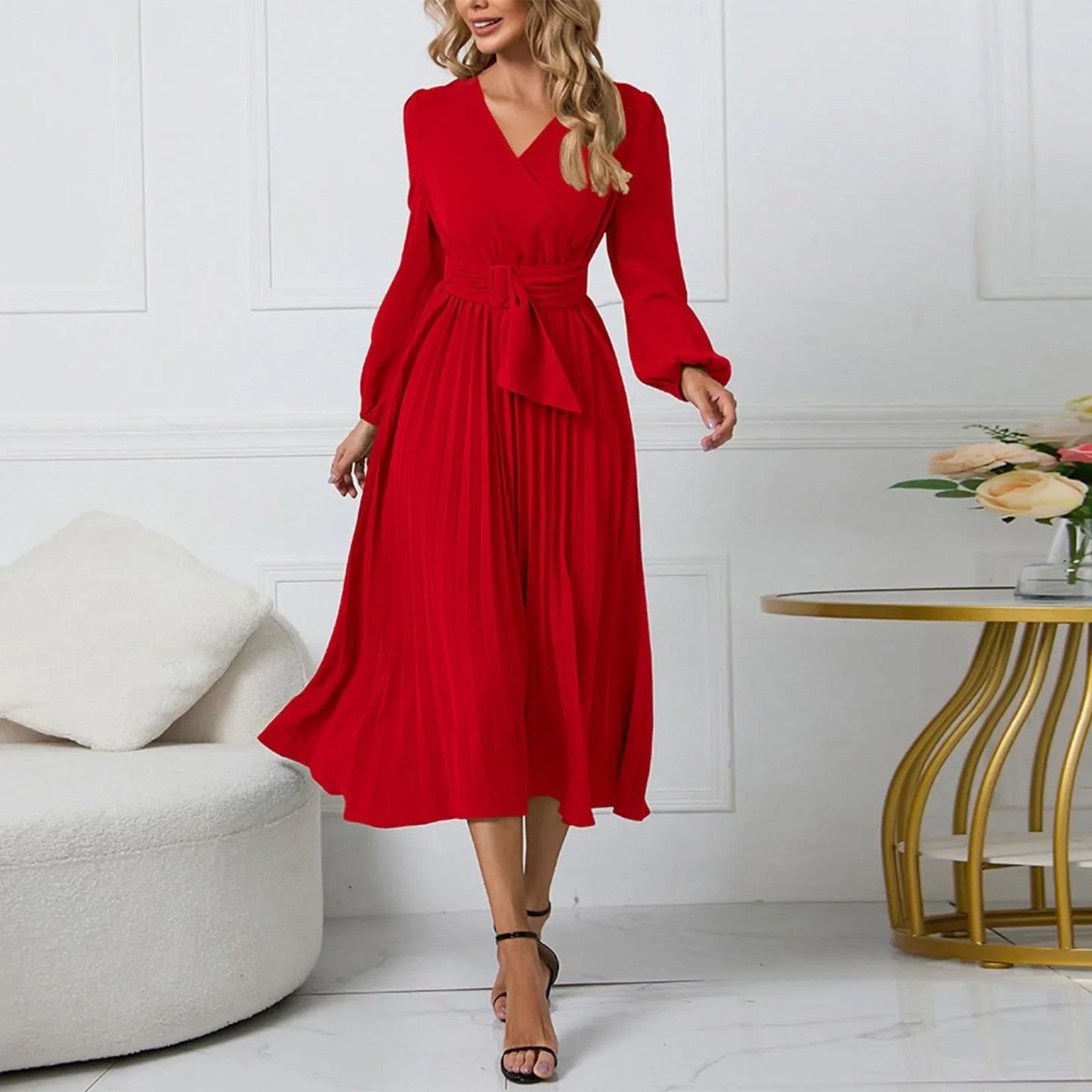 Floral Wrap Midi Dress with Waist Belt