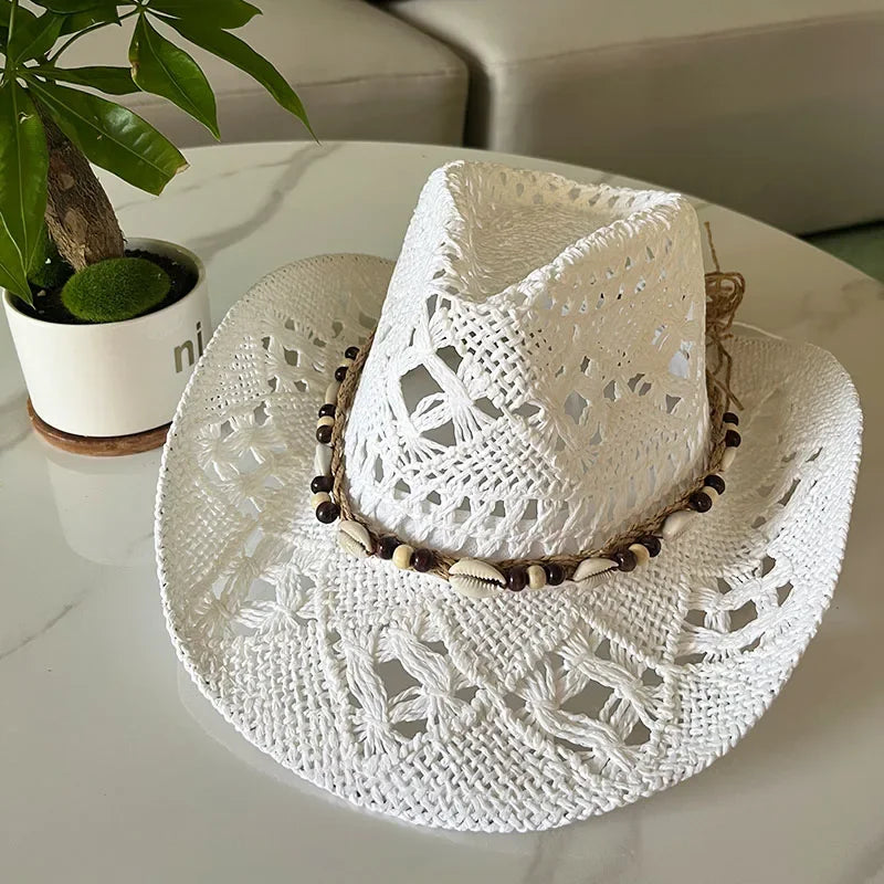 Rustic Natural Fiber Cowboy Hat - Brown Wooden Beads
