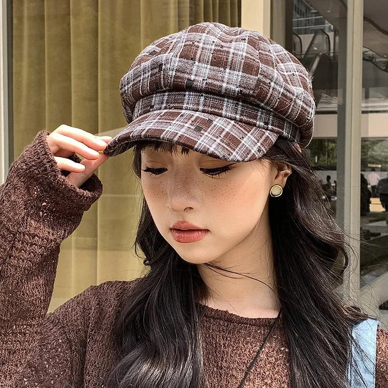 Classic Check Winter Beret Hat for Ladies