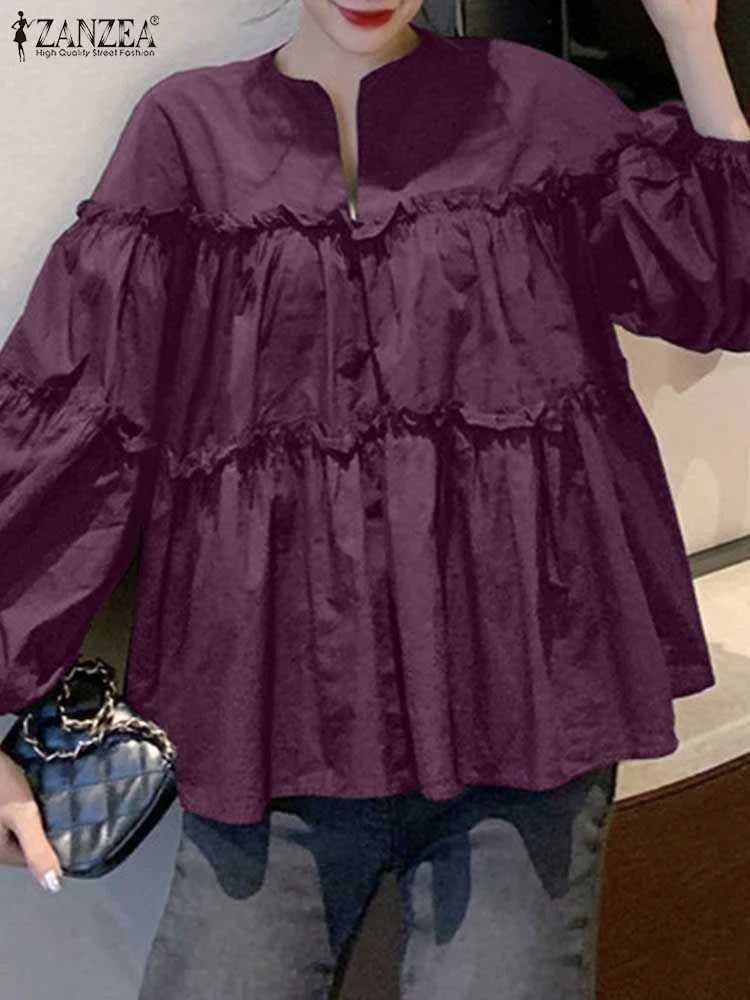 Chic Ruffled Bell Sleeve Woman's Blouse Top