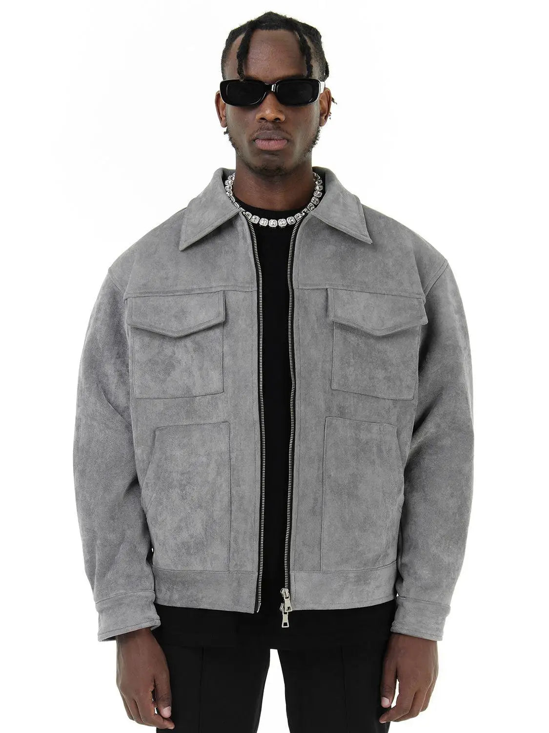 Luxury Suede Cargo Coat - Grey Urban Fashion