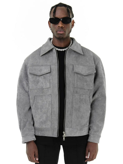 Luxury Suede Cargo Coat - Grey Urban Fashion