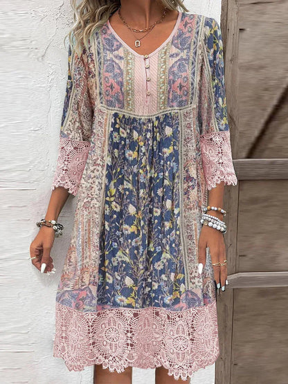 Elegant V-Neck Floral Tea Dress with Lace Trim