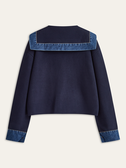 Racy | Sailor Collar Denim Trim Knit Outerwear