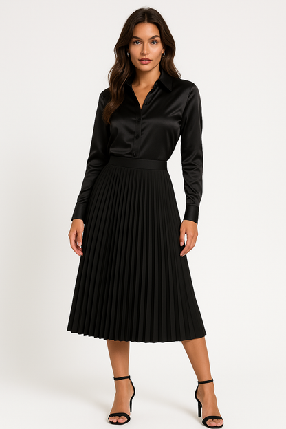 Elodie – High-Waisted Pleated Satin Midi Skirt