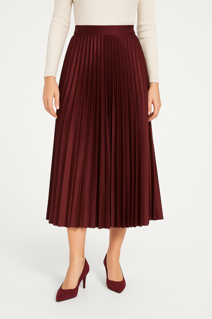 Elodie – High-Waisted Pleated Satin Midi Skirt