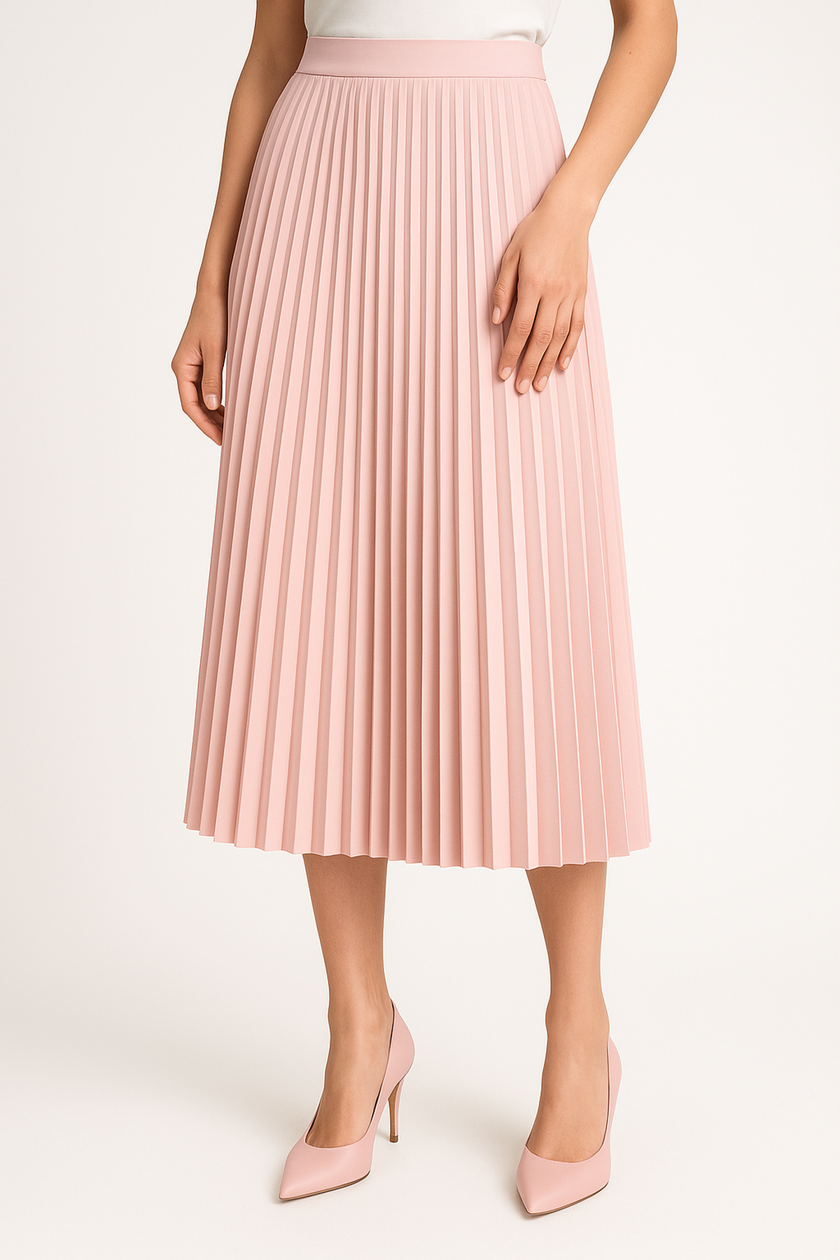Elodie – High-Waisted Pleated Satin Midi Skirt